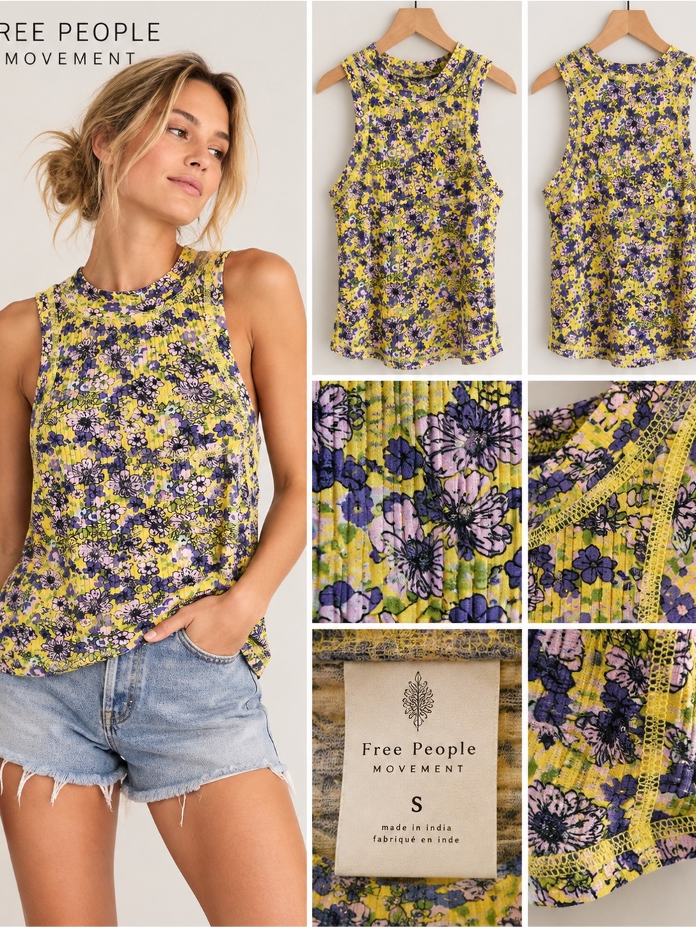 Free People Movement Floral Pleated Sleeveless Tank Top Yellow Purple Size S